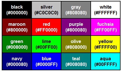 Таблица HTML индекса цветов RGB
