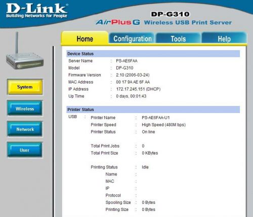 Пример веб-интерфейса принт-сервера от фирмы D-link